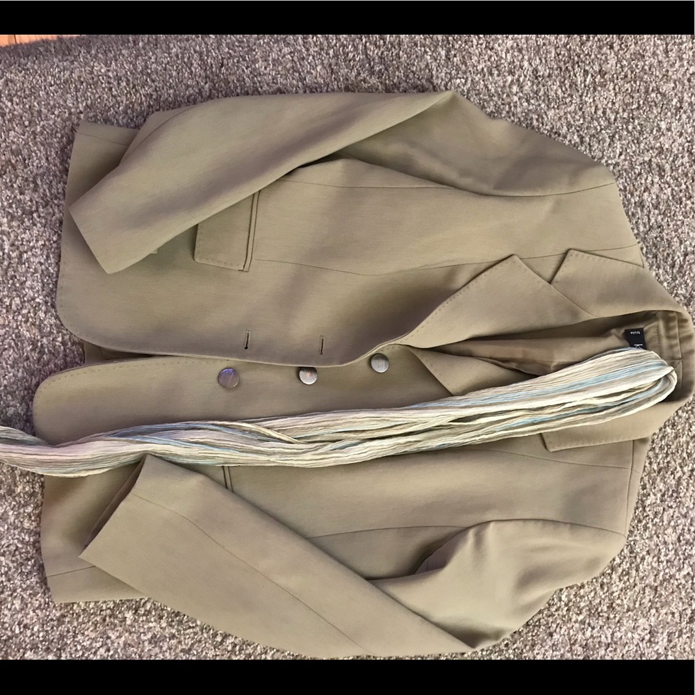 Woman’s two piece suit, olive green with scarf.